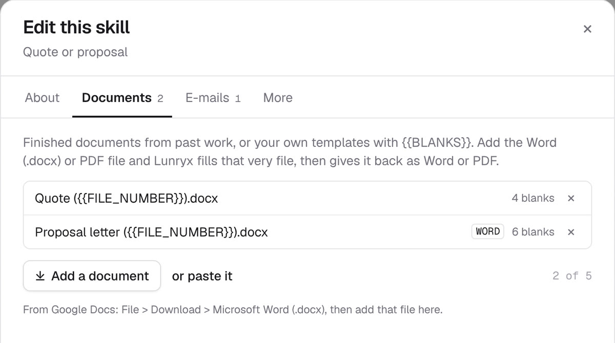 Editing a skill called Quote or proposal on its Documents tab: two Word templates with blanks to fill, and an Add a document button.