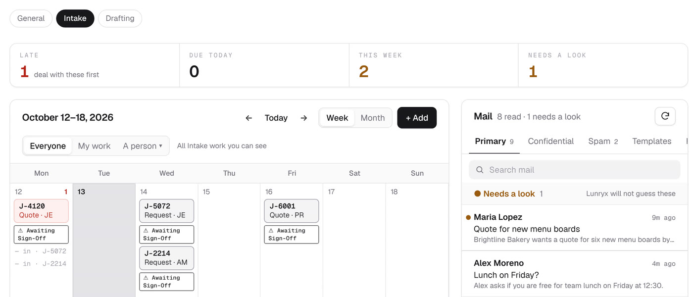 The Lunryx dashboard in a team view: a bar with General, Intake, and Drafting, with Intake picked, above the counts and a calendar that shows only Intake's work.