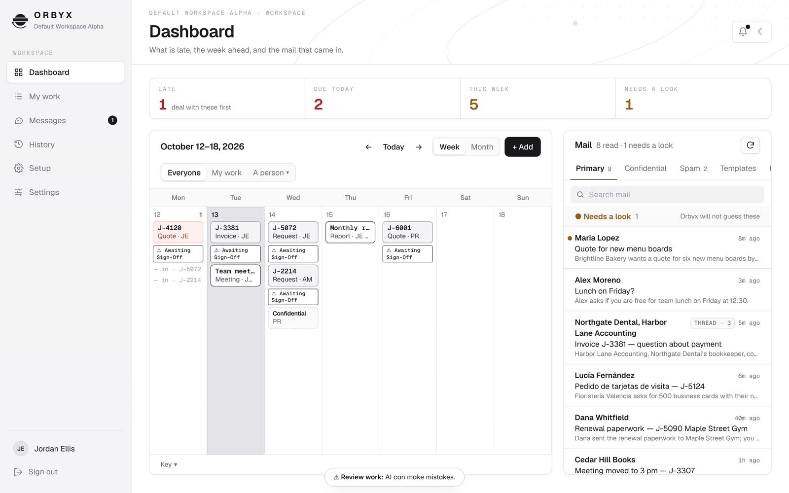 The Orbyx dashboard: counts for late, due today, this week, and needs a look, with the week's calendar and its Everyone, My work, and A person picker beside the mail.