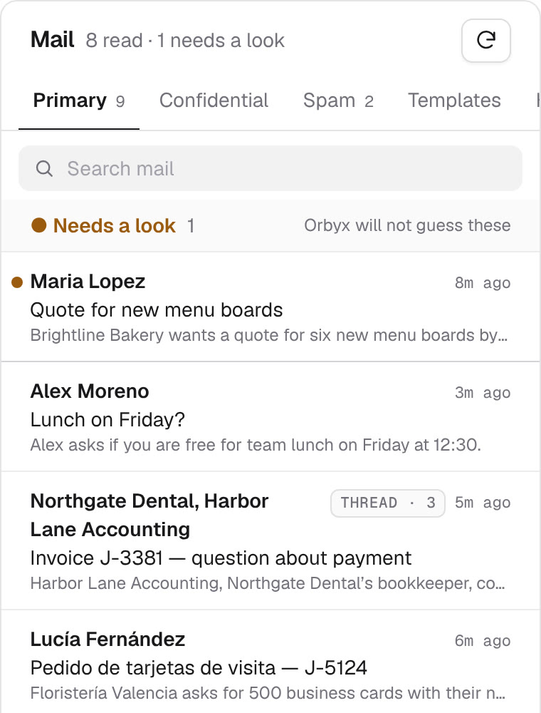 The Orbyx inbox: tabs for Primary, Confidential, Spam, and Templates, a Search mail field, a Needs a look group, and e-mails with one-line summaries, including a conversation of 3 e-mails tagged as a thread.