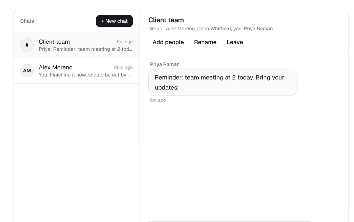 Orbyx messages: a Client team group chat with a reminder about a team meeting.