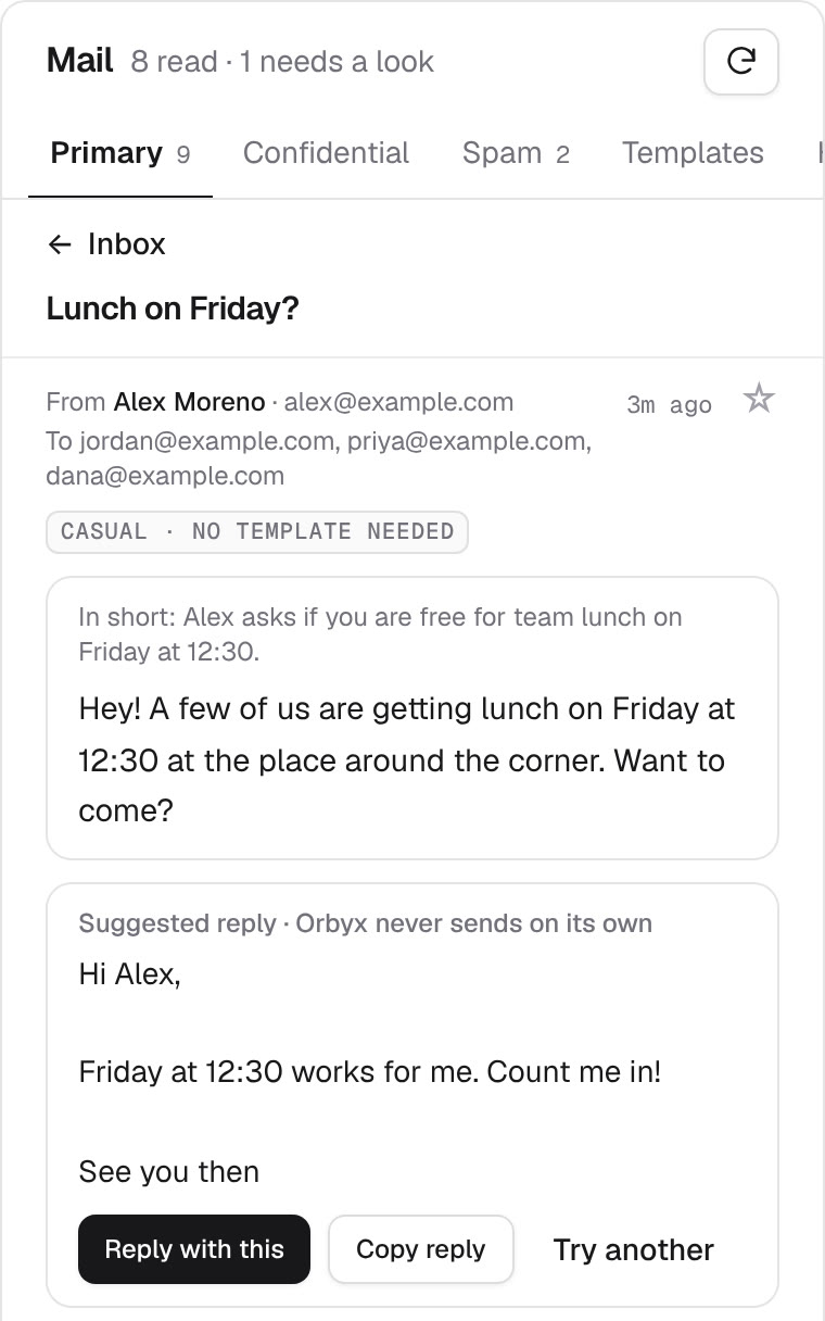 A suggested reply to a lunch invitation, marked 'Orbyx never sends on its own', with the buttons Reply with this, Copy reply, and Try another.