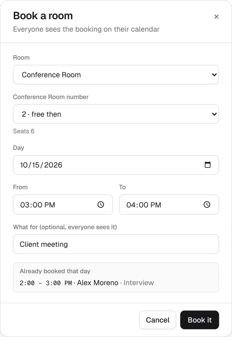 The Book a room form: Conference Room number 2, marked free then, on October 15 from 3:00 to 4:00 PM for a client meeting, with the room's one booking that day listed below: 2:00 to 3:00 PM, Alex Moreno, Interview.