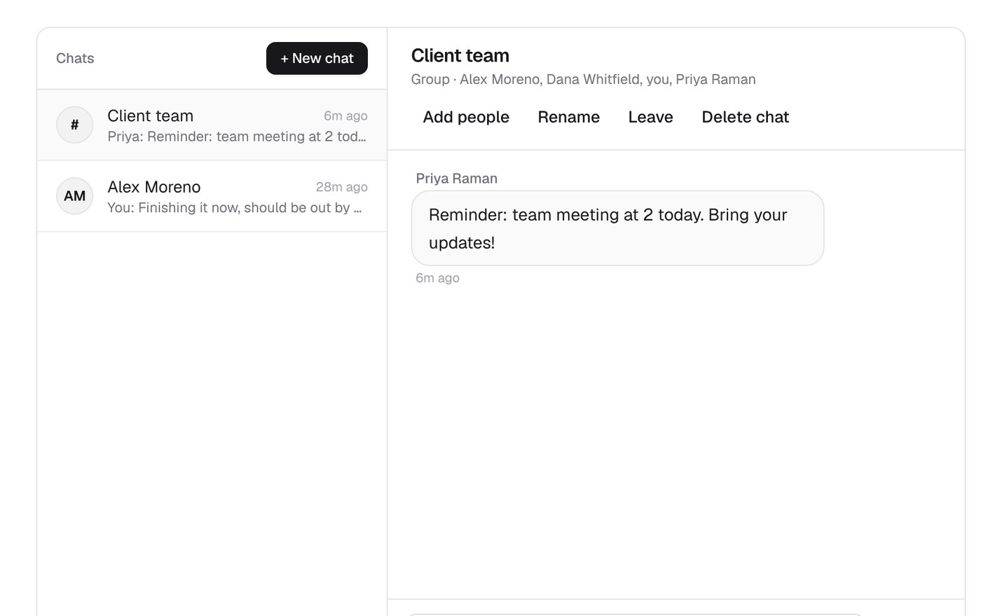 Aundrix messages: a Client team group chat with a reminder about a team meeting, and the buttons Add people, Rename, Leave, and Delete chat.