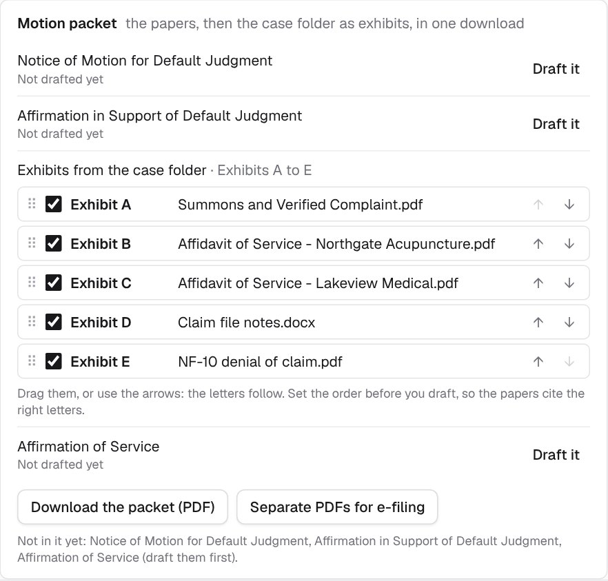 A motion packet: the notice of motion and the affirmation in support, each with Draft it, then five case-folder files as Exhibits A to E with arrows to reorder them, the affirmation of service, and buttons to download the packet as one PDF or as separate PDFs for e-filing.