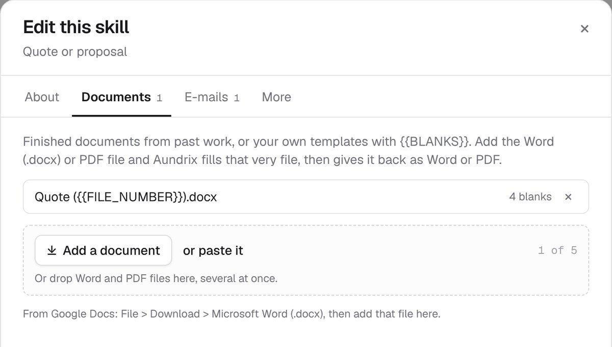 Editing a skill called Quote or proposal on its Documents tab: a Word template with four blanks to fill, and a box to add a document or drop several Word and PDF files at once.