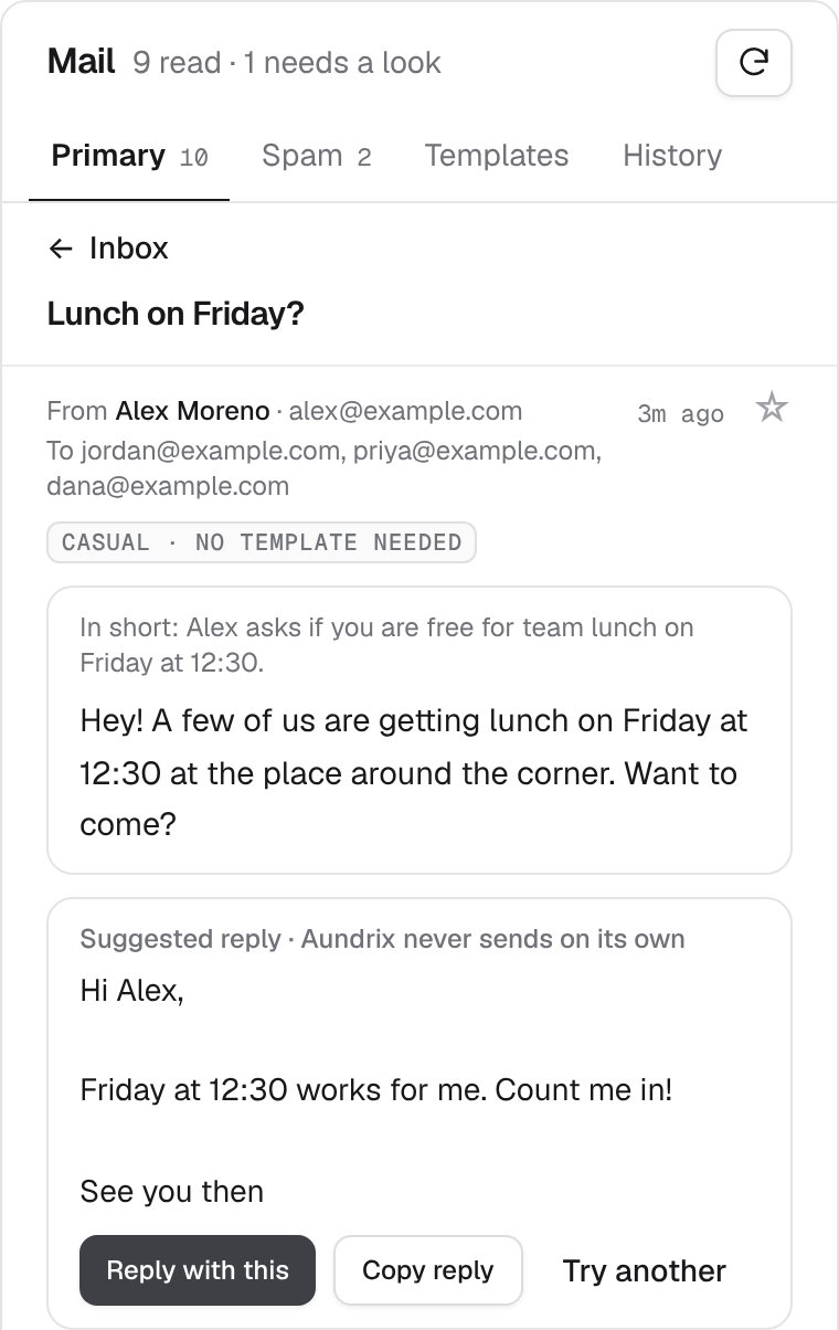 A suggested reply to a lunch invitation, marked 'Aundrix never sends on its own', with the buttons Reply with this, Copy reply, and Try another.