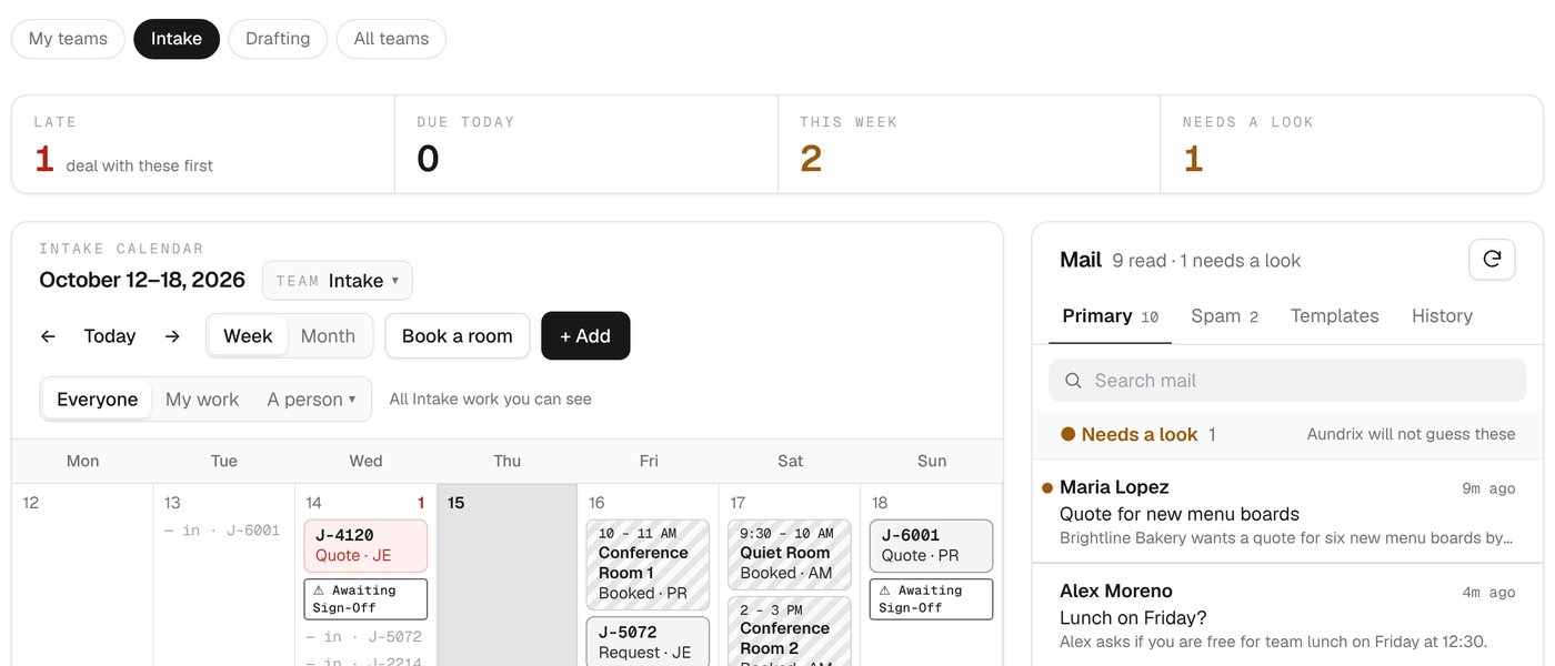 The Aundrix dashboard in a team view: a bar with My teams, Intake, Drafting, and All teams, with Intake picked, above the counts and the Intake calendar with its Team switch.