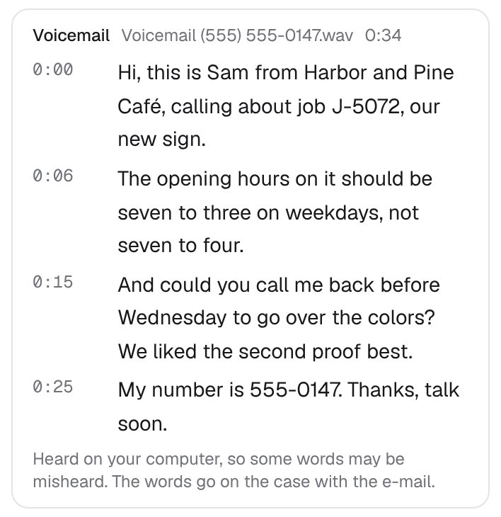 A voicemail's words inside the e-mail that brought it: each line with its time, from a caller asking about job J-5072, with a note that it was heard on your computer and the words go on the case with the e-mail.