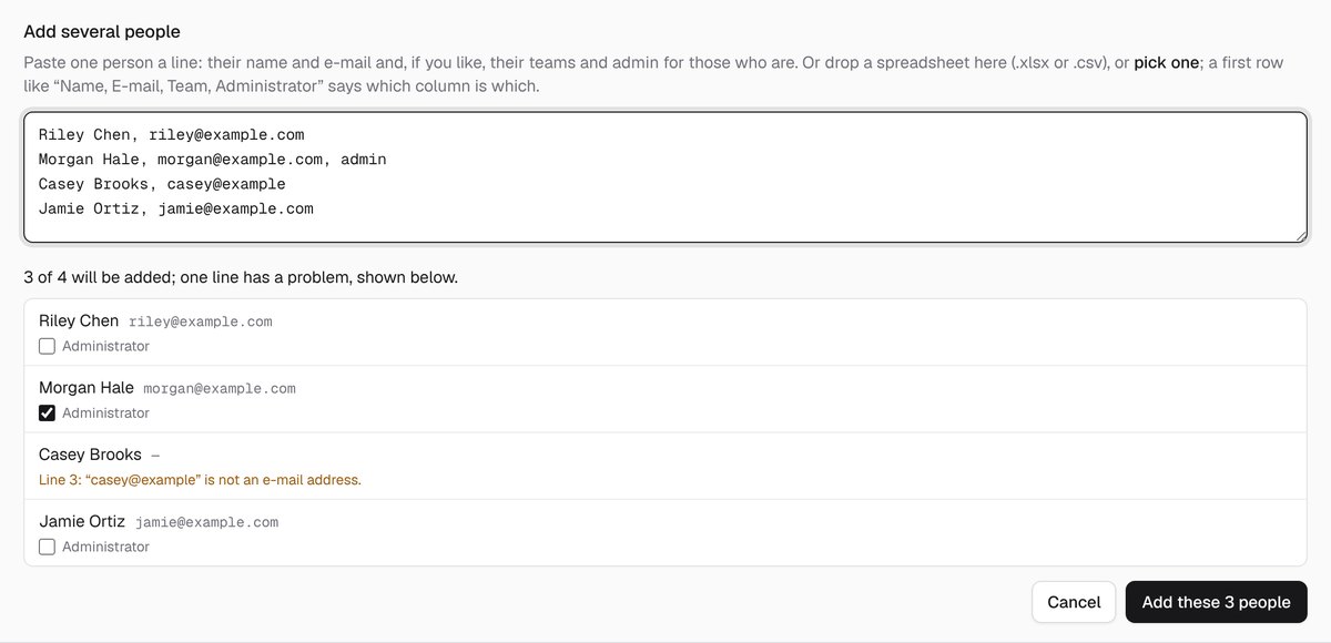 Add several people in Setup: four made-up people pasted one a line, with 3 of 4 ready to add, one marked Administrator, a line whose address is missing its ending marked as not an e-mail address, and the button Add these 3 people.