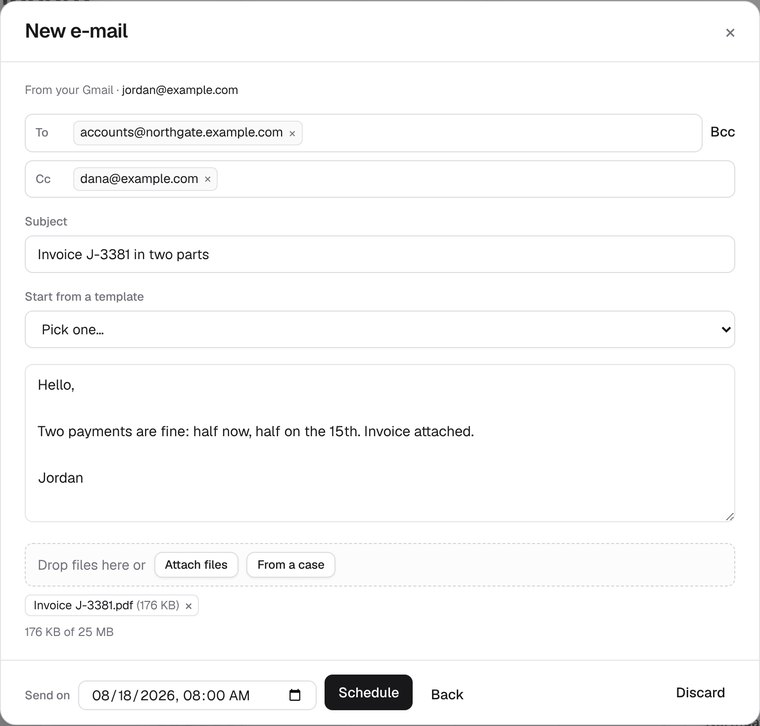 A new e-mail in Aundrix, from your Gmail: To and CC filled with made-up addresses, a subject, a short message, an attached invoice, and Send later open with a day, a time, and a Schedule button.