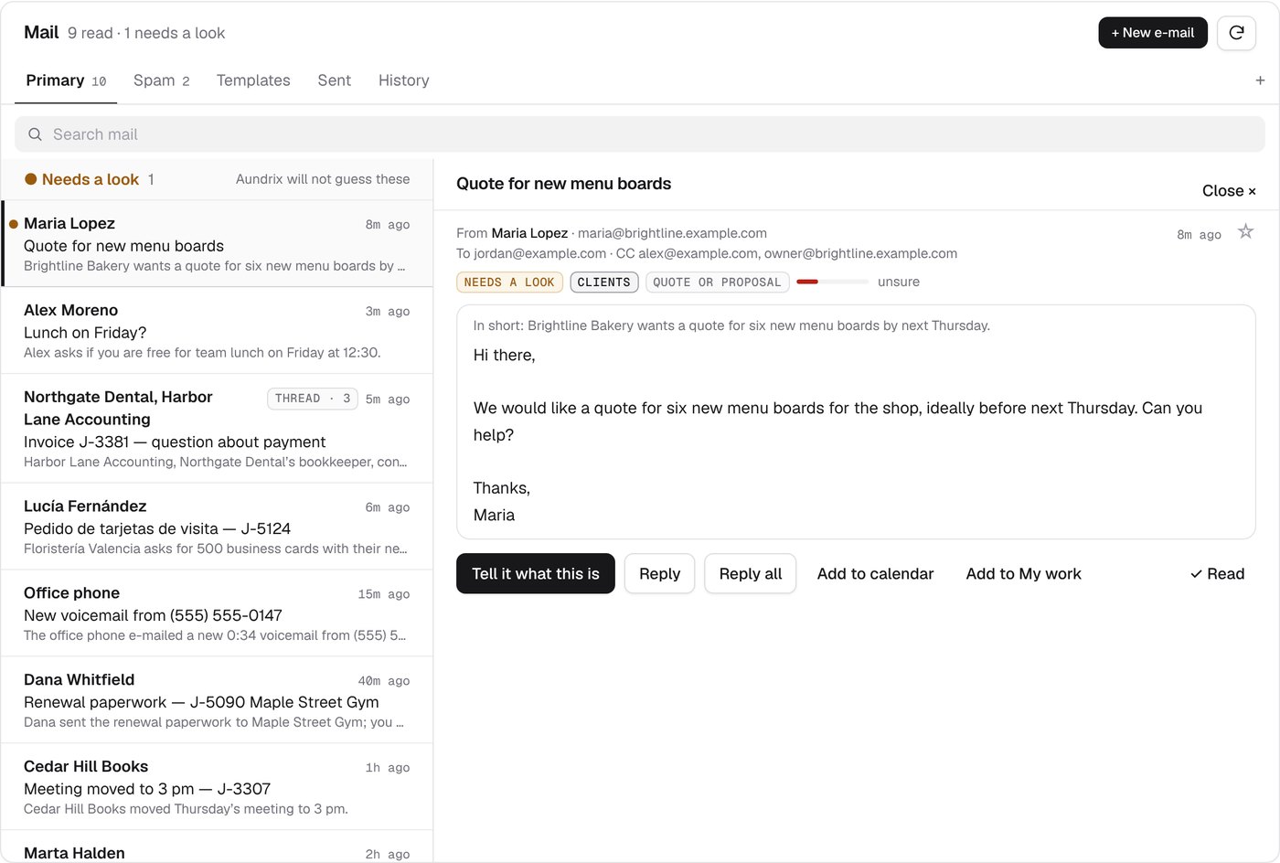 The Mail panel with an e-mail open beside the list: the list on the left with the open e-mail marked, and on the right the e-mail asking for a quote for six menu boards, its one-line summary, its tags, and the Reply, Reply all, and Add to calendar buttons.
