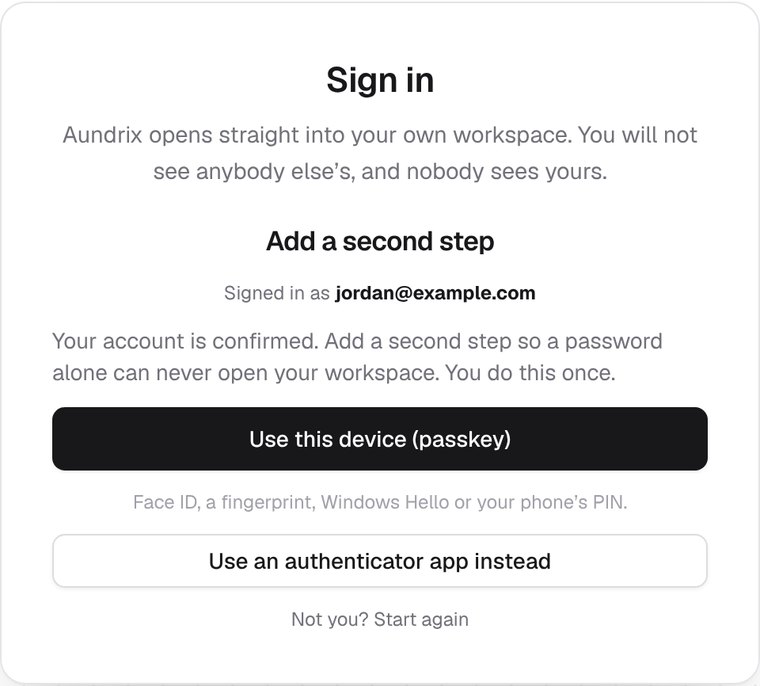The second step after signing in as a made-up address: Use this device (passkey), for Face ID, a fingerprint, Windows Hello, or a phone's PIN, or Use an authenticator app instead.