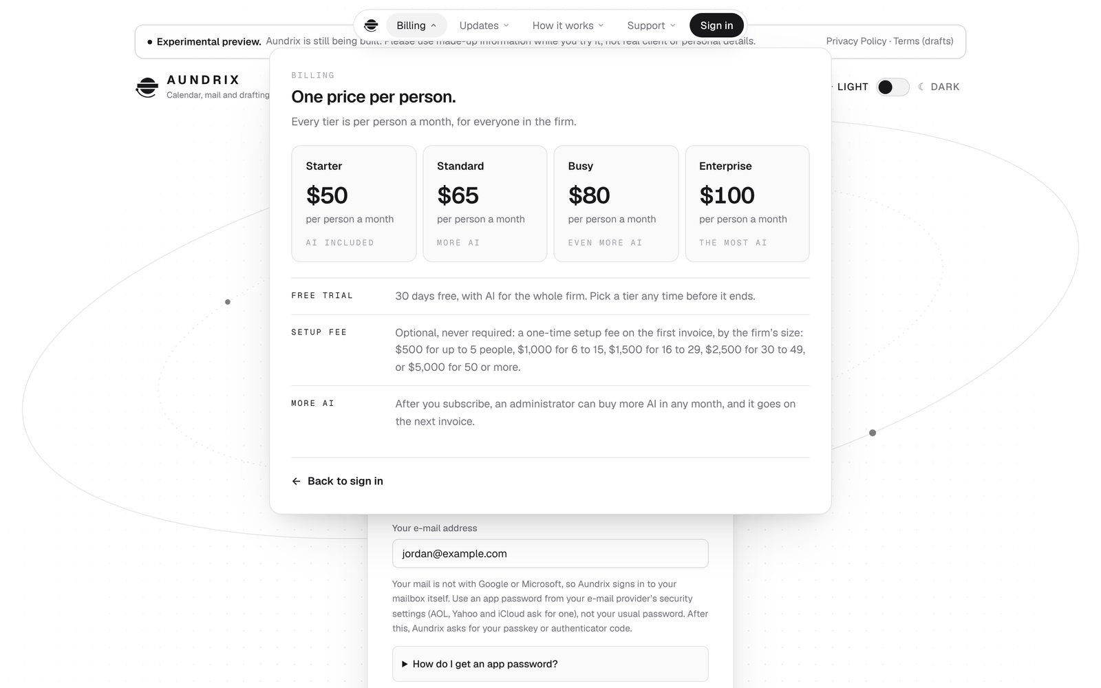 Aundrix's first page with the new menu open on Billing: Starter $50, Standard $65, Busy $80, and Enterprise $100 per person a month, with the free trial, the optional setup fee by firm size, and More AI.