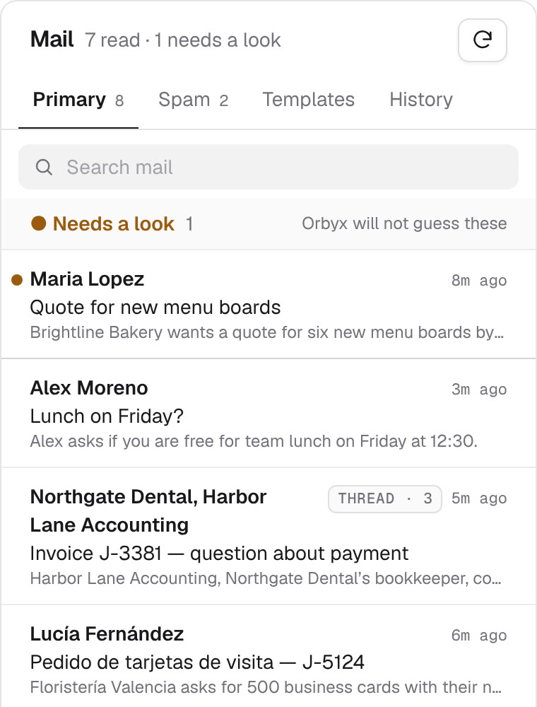 The Orbyx inbox: a Search mail field, a Needs a look group, and e-mails with one-line summaries, including a conversation of 3 e-mails tagged as a thread.
