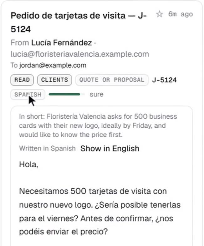An e-mail written in Spanish, tagged Spanish and Quote or proposal, with a one-line English summary and a Show in English link.