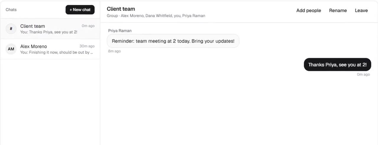 Orbyx messages: a Client team group chat with a reminder about a team meeting and a reply.