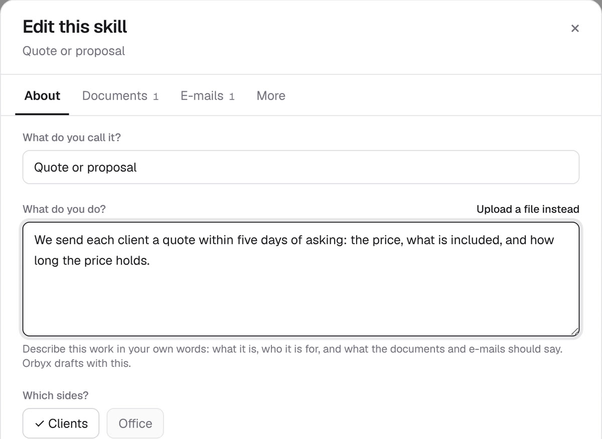 Editing a skill called Quote or proposal, with tabs for About, Documents, E-mails, and More, and a plain description of the work.