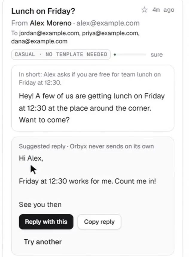 A suggested reply to a lunch invitation, marked 'Orbyx never sends on its own', with Reply with this, Copy reply and Try another.